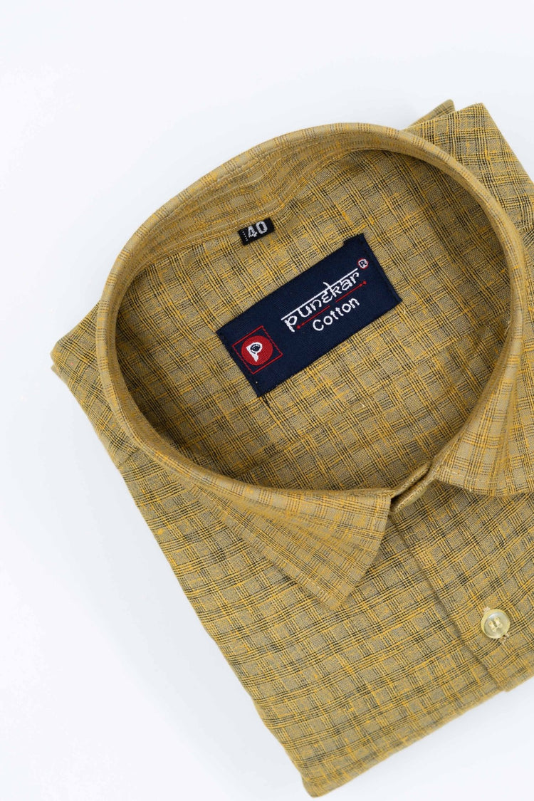 Yellow Color Cotton Self Woven Checks Handmade Shirts For Men's - Punekar Cotton