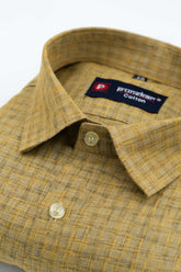 Yellow Color Cotton Self Woven Checks Handmade Shirts For Men's - Punekar Cotton