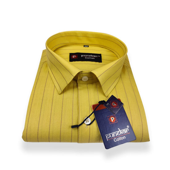 Yellow Color Lining Pure Cotton Shirt For Men - Punekar Cotton